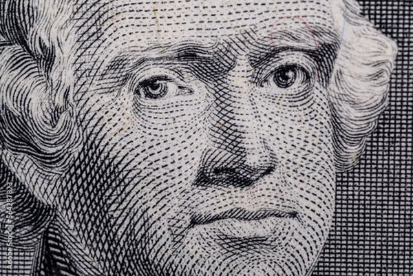 Obraz The third US President Thomas Jefferson on a $2 banknote macro photo.
