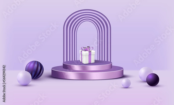 Fototapeta 3d background product display podium scene with geometric platform. 3d gift box. 3d render vector background with podium. Floor standing screen, violet background