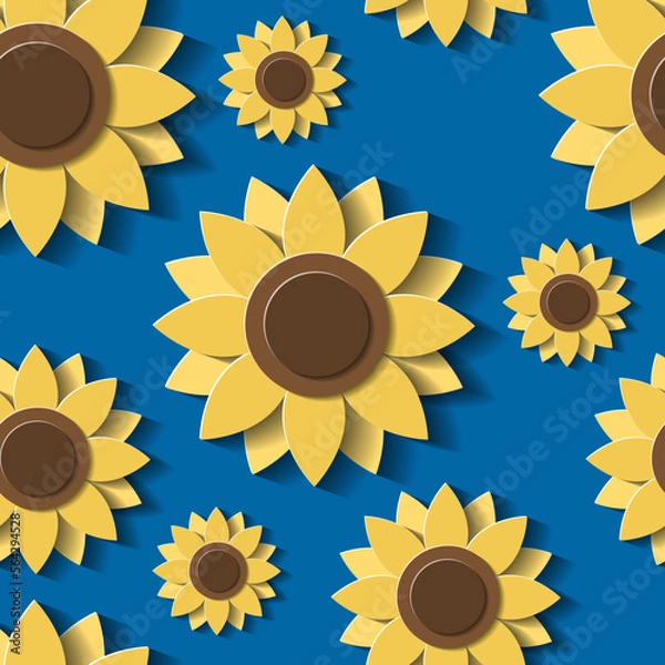 Fototapeta Floral seamless pattern. 3d Sunflowers on blue background. Yellow flowers in paper cut style. Vector illustration.