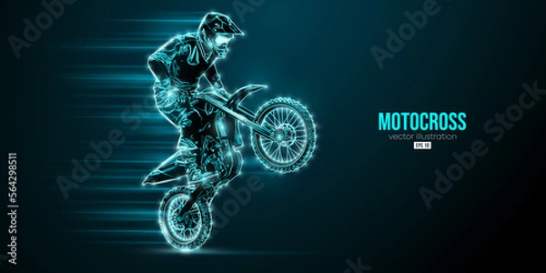 Obraz Abstract silhouette of a motocross rider, man is doing a trick, isolated on black background. Enduro motorbike sport transport. Vector illustration