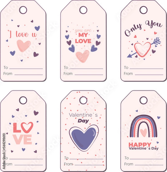 Fototapeta Valentines day typography for cards. Abstract, collection of printable Valentine's Day labels, in pastel colors. Love, heart, holiday sticker kit. Vector illustration.