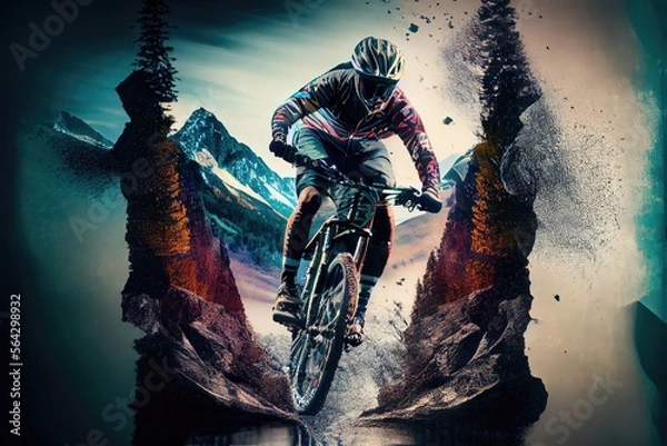Obraz multi exposure mountain biking themed sports illustration, generative ai
