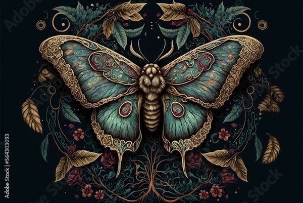 Fototapeta Created with Generative AI technology. Night Moth in boho style