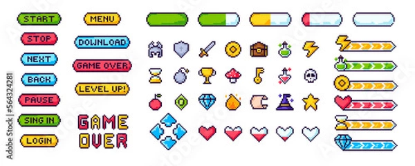 Fototapeta Zasoby menu gry Pixel, poziom, aktywne paski i przyciski. Interfejs gry, pikselowany pasek życia i przycisk menu, strzałki kontrolera gier, magiczne przedmioty do gier w pikselach, przycisk 8-bitowy piksel.
