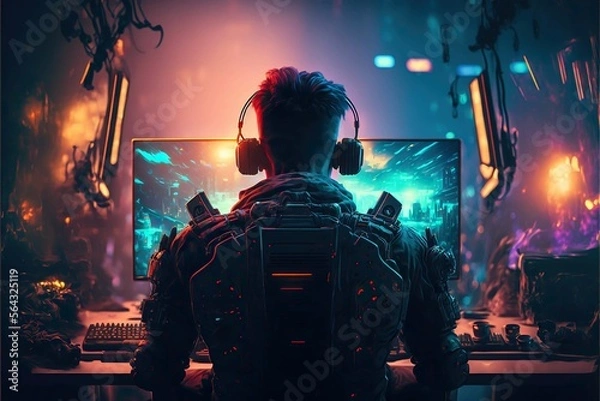 Fototapeta Futuristic Professional E-Sports gamer playing online games computer with headphones,cyberpunk game room background ,Generative AI
