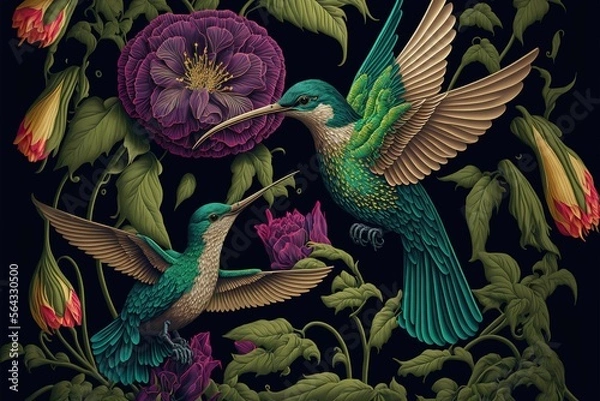 Obraz Vector illustrations pattern of flower, plant, leaves, bird, fantasy vintage ,for greeting card,Wedding invitations,Generative AI
