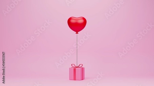 Obraz pink gife box with red heart balloon on pink backdrop.3d render