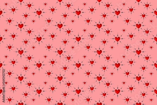 Fototapeta Seamless pattern of red hearts and running sperm on a pink background.procreate illustration