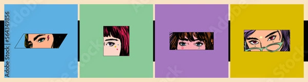 Fototapeta Hand-drawn portraits of women in different frames. Stylish fashion models. Set of four vector illustration.