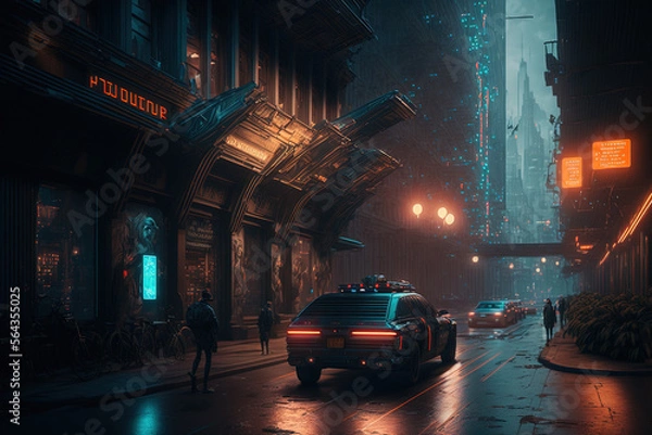 Obraz Neon Nightscape, bustling cyberpunk metropolis alive with activity, soaring skyscrapers and holographic billboards. A high-tech city creating a surreal, otherworldly atmosphere.