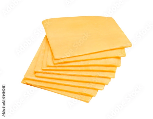 Obraz Sliced cheddar cheese isolated on transparent layered background.