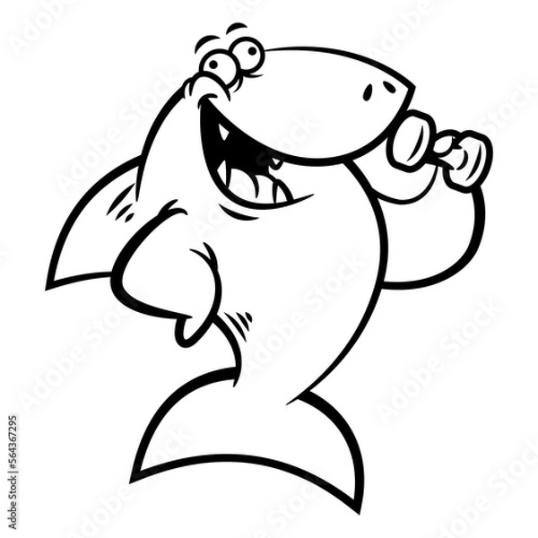 Fototapeta Cartoon illustration of Funny Shark lifting a barbell and show its muscle. Best for outline, logo, and coloring book with fitness themes