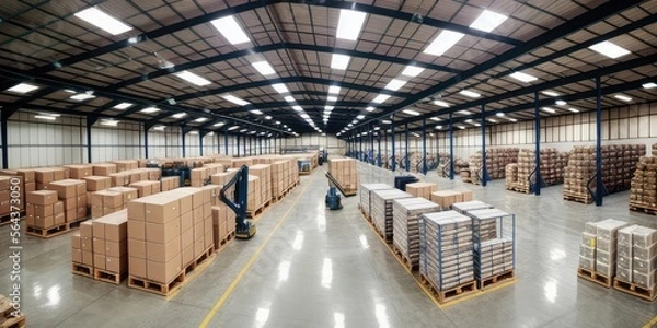 Fototapeta Warehouse with endless pallets of boxes and storage, robots and people working, massive factory facility, ai generated.