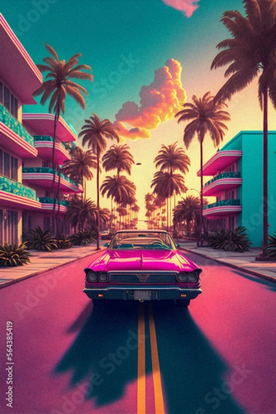 Obraz Car and Palm in 80s style, retro background, granular texture illustration Generative AI