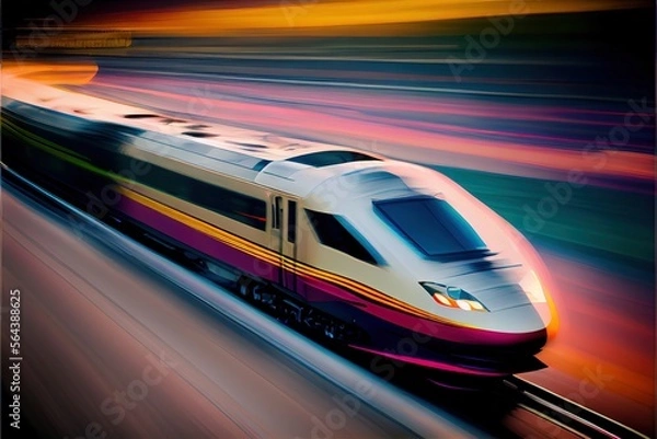 Fototapeta High speed train of the future with motion blur and glowing light effects. Future transportation concept. 
Digitally generated AI image
