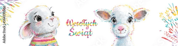 Fototapeta Banner świąteczny, kartka wielkanocna z uroczą kolorową owieczką i króliczkiem w sweterku, z napisem w języku polskim. Grafika wielkanocna.	