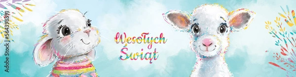 Fototapeta Banner świąteczny, kartka wielkanocna z uroczą kolorową owieczką i króliczkiem w sweterku, z napisem w języku polskim. Grafika wielkanocna.	