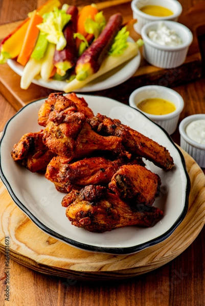 Fototapeta 
Chicken wings. Buffalo chicken wings. American cuisine of chicken wings deep-fried, dipped in buffalo sauce made of vinegar,  cayenne hot sauce and butter. Served with celery, carrots, blue cheese.