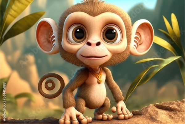 Fototapeta a cute adorable baby Monkey generative ai  rendered in the style of children-friendly cartoon animation fantasy style	