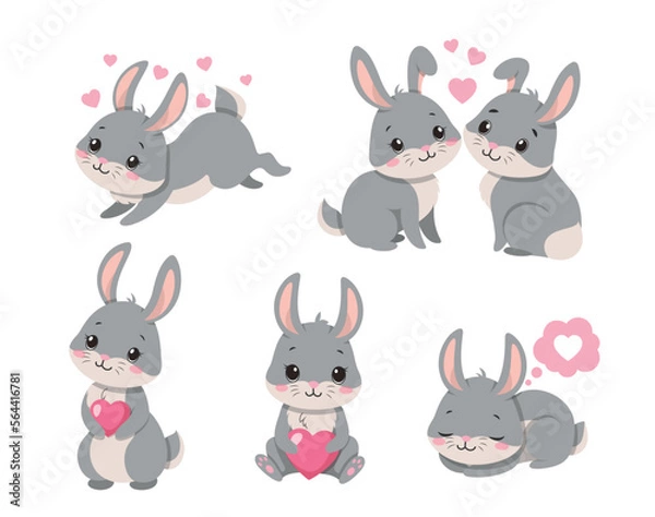 Fototapeta Rabbits in love set. Collection of graphic elements for website. Romance, tenderness and care. valentines day and wedding anniversary. Cartoon flat vector illustrations isolated on white background
