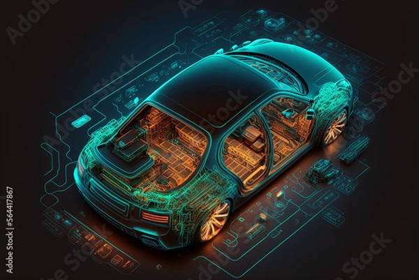 Obraz Top view of the car. Futuristic car service, scanning and auto data analysis. Car auto service, Modern design, diagnostic auto