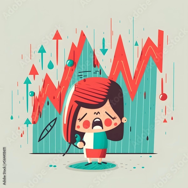 Fototapeta Funny frightened business woman at stock market difficulty trading arrows point down statistics crisis inflation