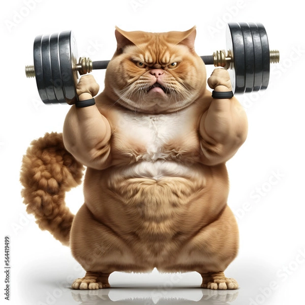 Fototapeta The cat bodybuilder is doing  squat exercises with barbell weights. White background.
