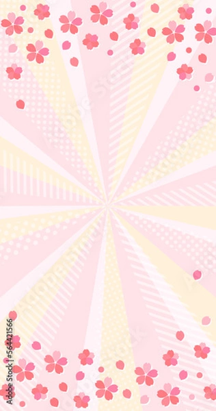 Fototapeta 桜の花とポップで可愛い模様の入った放射背景素材　縦型