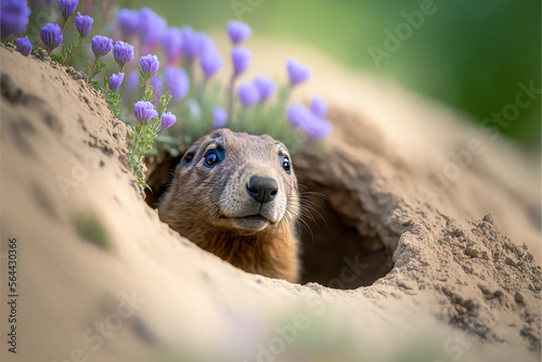 Obraz Groundhog Peeking out of Burrow Hole, Groundhog Day Concept, Social Media Banner, Generative AI