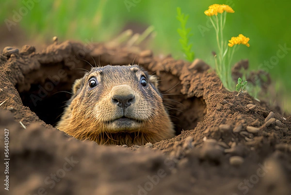 Obraz Groundhog Peeking out of Burrow Hole, Groundhog Day Concept, Social Media Banner, Generative AI