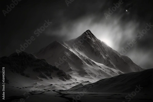 Fototapeta Beautiful Moody Black and White Image of Misty Shrouded Mountain Peak, Generative AI