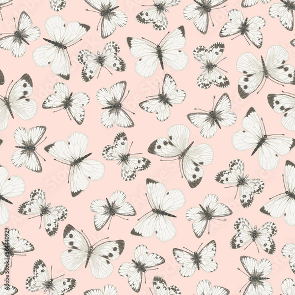 Fototapeta Seamless pattern with white butterflies on pink background.