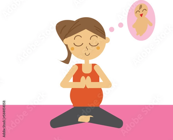 Obraz 産まれてくる赤ちゃんを想像しながらマタニティヨガで瞑想のポーズをしている女性のイラスト