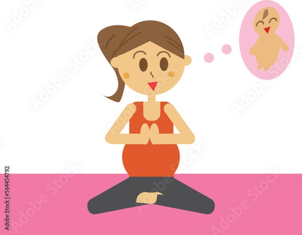 Fototapeta 産まれてくる赤ちゃんを想像しながらマタニティヨガで瞑想のポーズをしている女性のイラスト