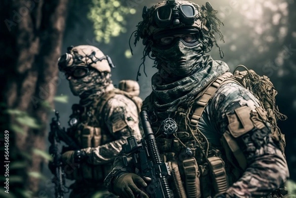 Fototapeta A squad of soldiers is patrolling a mined jungle area, heavily armed and dressed in camouflage attire. They are alert and focused as they navigate the treacherous terrain. Created with generative AI.