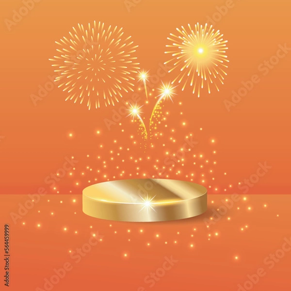 Obraz Stage podium scene for award ceremony or product show illuminated with fireworks on stage orange backdrop