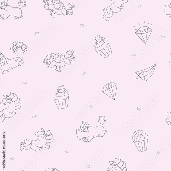 Fototapeta outline seamless pattern  with unicorn and unicat