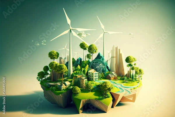 Fototapeta City and garden, save the planet and energy concept. Earth day. Generative AI illustration.