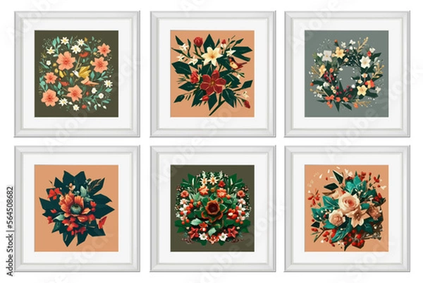 Fototapeta Set of vector illustrations of floral compositions in vintage style. Collection of flowers isolated in frames.