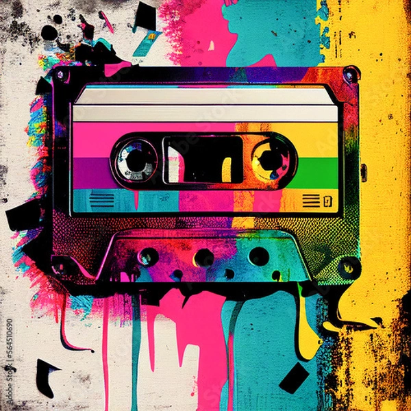 Obraz Cassette music tape fusion of contemporary art and old fashioned style. Pop art background, colorful colors, collage of celebration and party. Illustration. Generative AI.