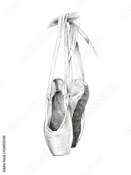 Fototapeta Pencil sketch of Ballet shoe, illustration hand drawn.