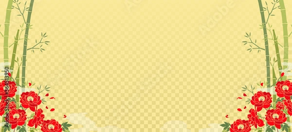 Obraz 金色背景の赤牡丹と和柄な雲＆竹模様の背景素材（両側）
