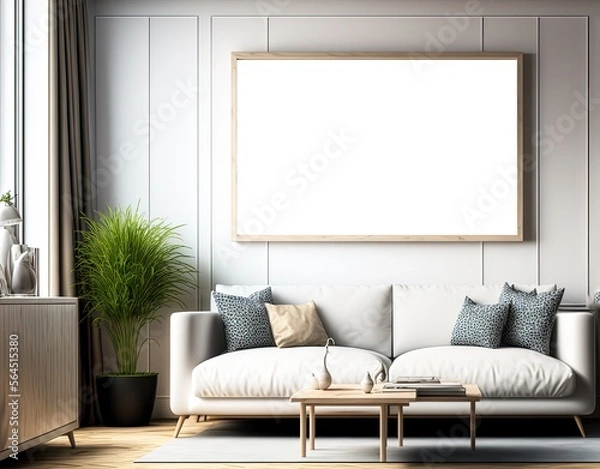 Fototapeta empty picture frame hanging on wall idea for mock up background, minimalism interior design living room Generative Ai