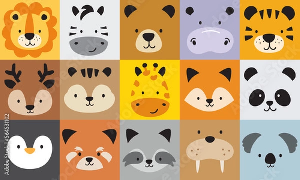 Fototapeta Cute wild jungle animal faces in square blocks vector illustration. Set includes a lion, zebra, bear, hippo, tiger, dear, squirrel, giraffe, fox, panda, penguin, red panda, raccoon, walrus, and koala.