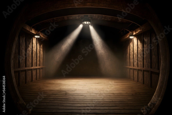 Fototapeta Spotlights illuminate empty wooden stage with dark background generative ai