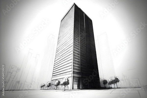 Fototapeta Sketch architectural drawing cartoon illustration of city street with skyscraper building generative ai
