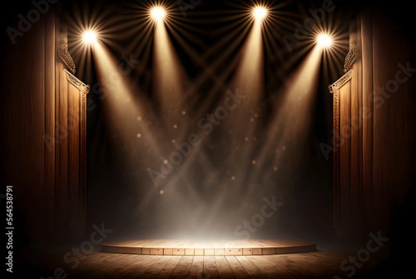 Fototapeta Spotlights illuminate empty wooden stage with dark background generative ai
