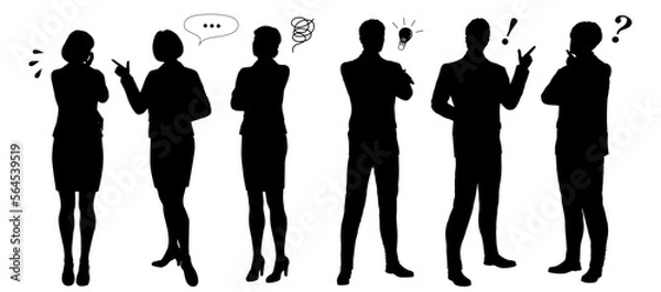 Fototapeta 悩む 考える 困る ひらめく ビジネスパーソンのシルエットセット 全身のイラスト素材