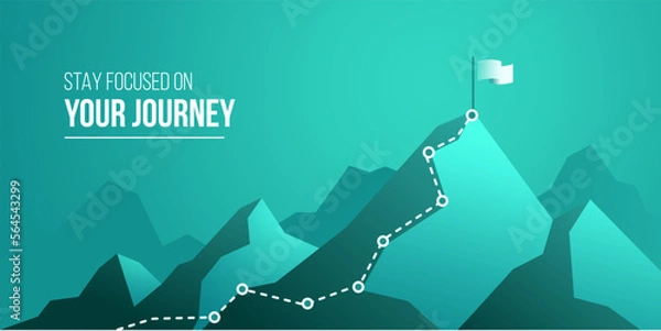 Fototapeta Business journey concept vector illustration of a mountain with path and a flag at the top, route to mountain peak, business journey and planning concept.