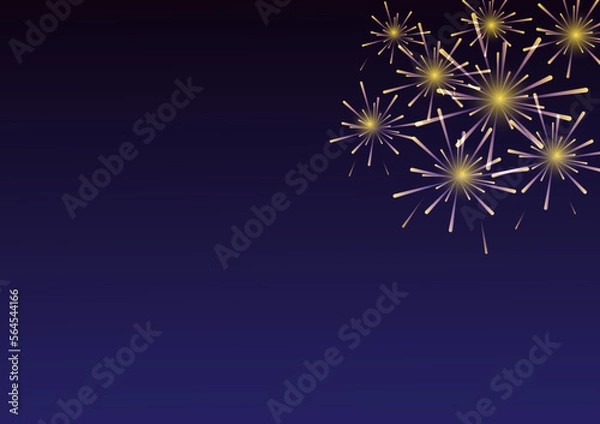 Fototapeta Yellow and purple fireworks with holiday celebration symbols on the right of the blue and black color background, empty space for display logo and content, creative design vector illustration.